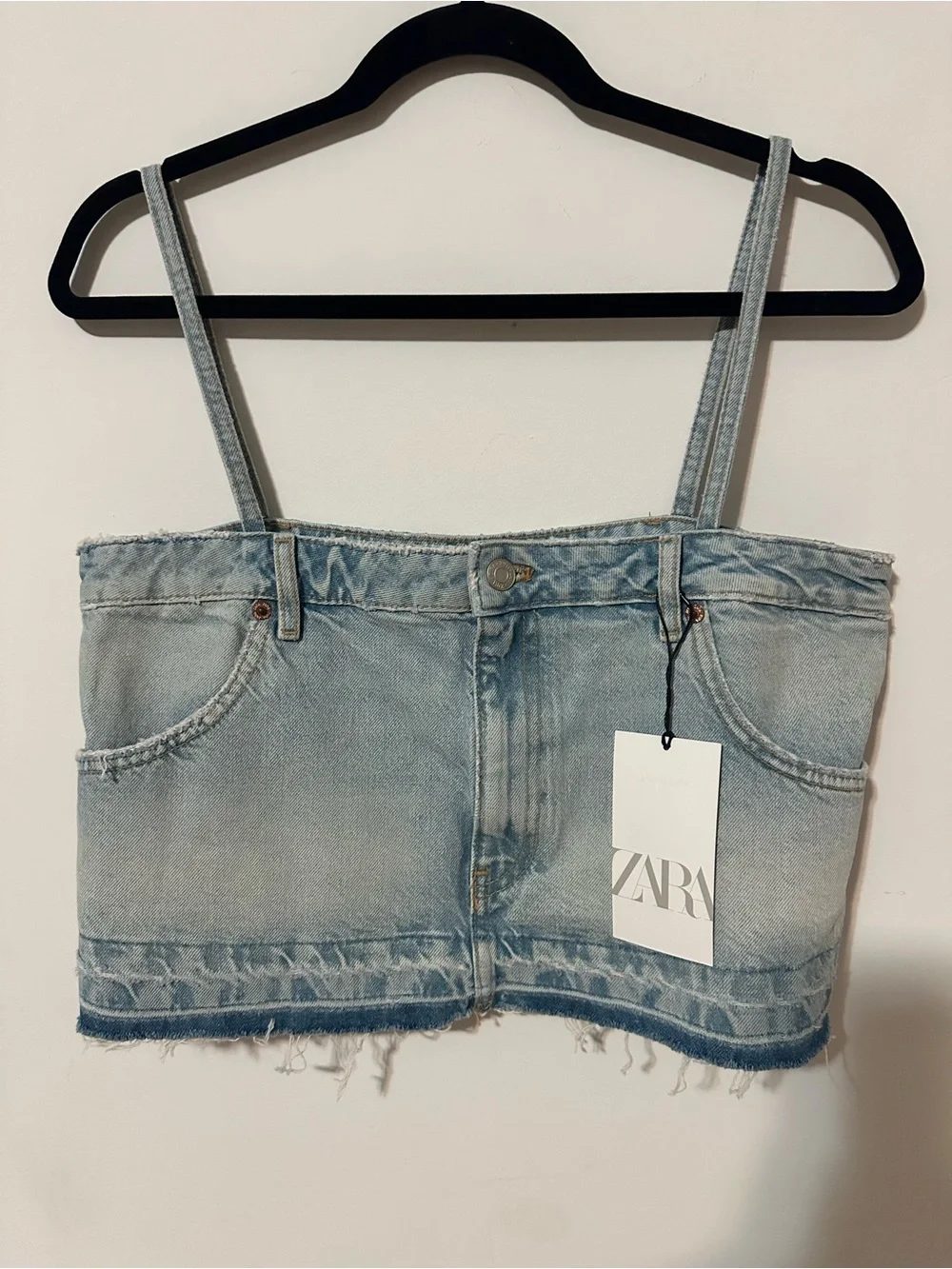 Zara Cropped Denim Frayed Tank Top Size M Blue - Picture 3 of 11
